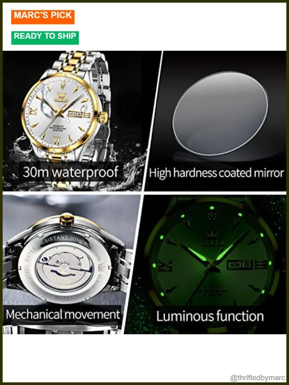Automatic Mechanical Dress Watch Stainless Steel Waterproof Luminous Day Date